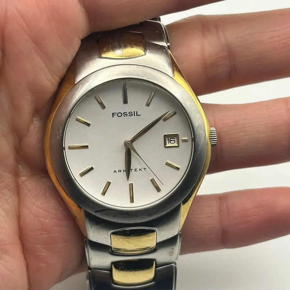 Fossil Arkitekt FS-2907 Silver Gold St. Steel Men’s Watch Working New Battery